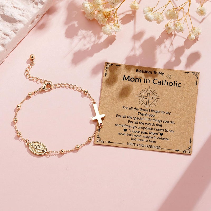 VULETO Catholic Virgin Mary Cross Bracelet Gifts for Girls Teens Women, Rosary Beads Charm Link Chain Bracelet Christmas Christian Religious Jewelry Gifts - Image 4
